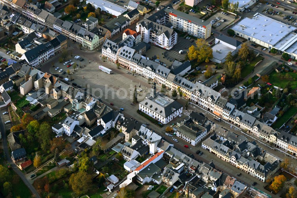 Zaßnitz from above - Autumnal discolored vegetation view center market in Zassnitz in the state Saxony, Germany