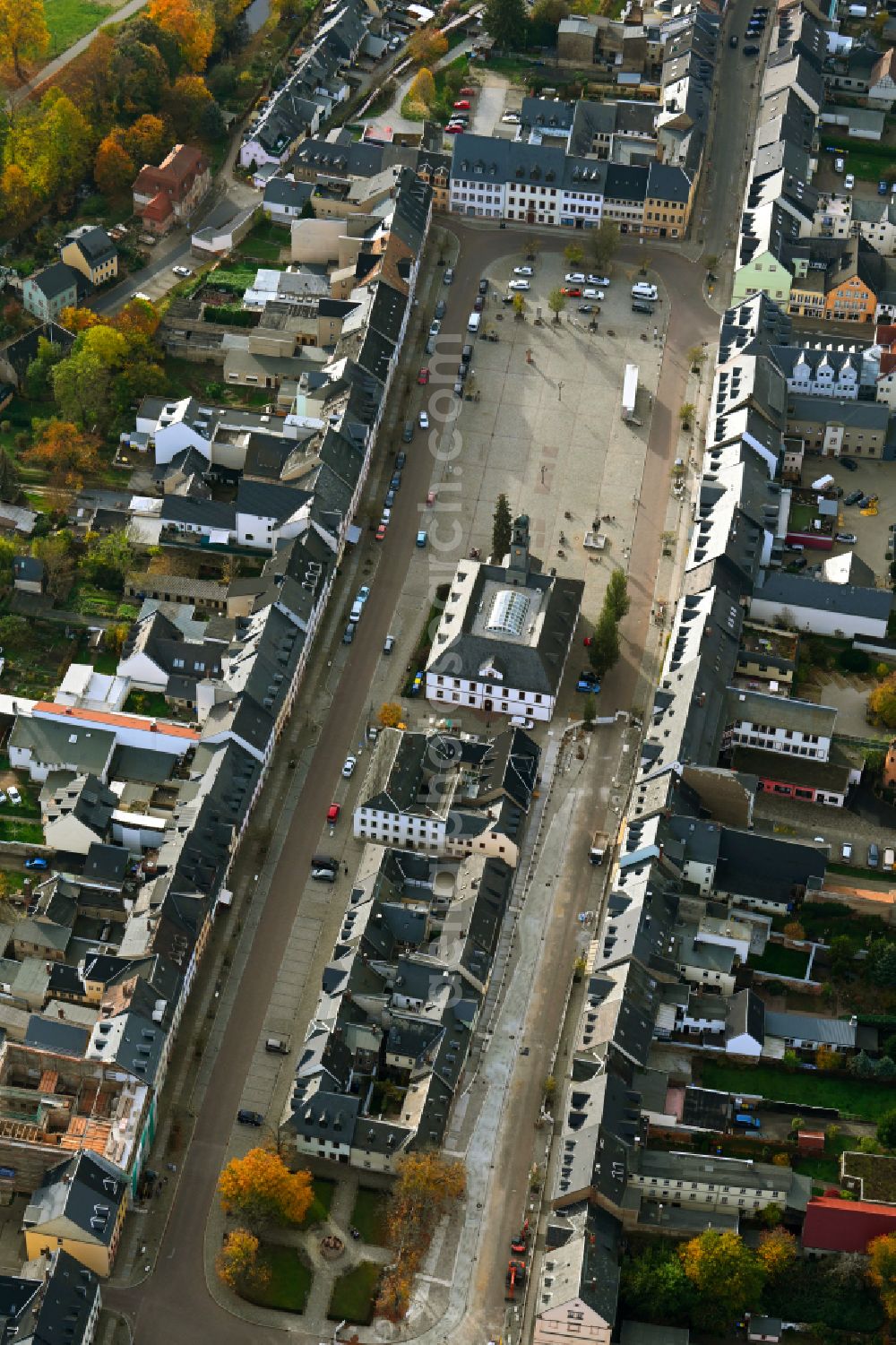 Aerial image Zaßnitz - Autumnal discolored vegetation view center market in Zassnitz in the state Saxony, Germany