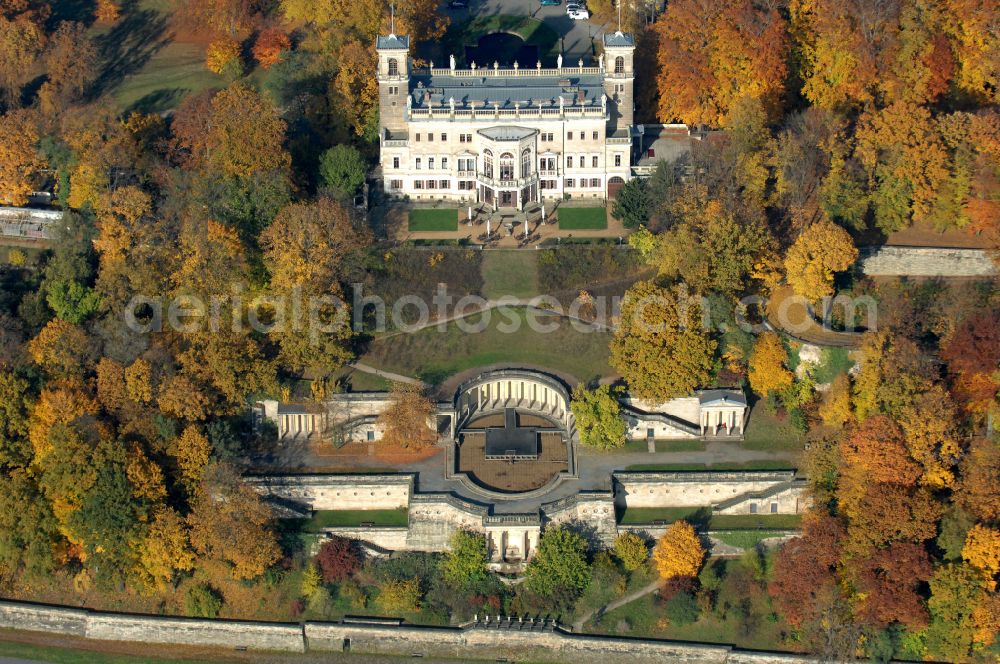 Dresden from above - Autumnal discolored vegetation view palace of Albrechtsberg Castle on Bautzner Strasse in the Loschwitz district of Dresden in the state of Saxony, Germany