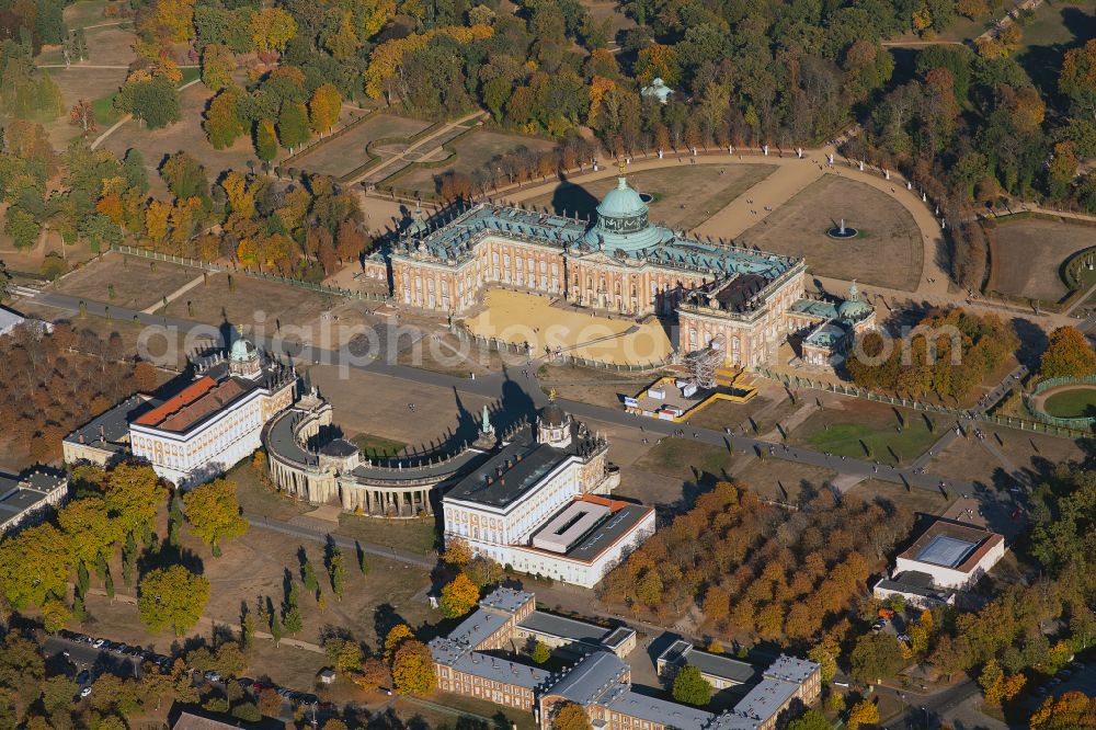 Aerial photograph Potsdam - Autumnal discolored vegetation view Palace Neues Palais in the district Brandenburger Vorstadt in Potsdam in the state Brandenburg, Germany