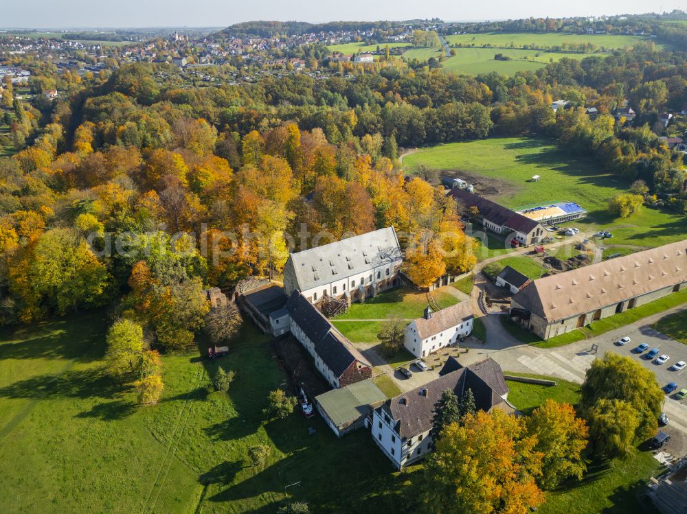 Nossen from above - Autumnal discolored vegetation view park of Klosterpark Altzella on street Zellaer Strasse in Nossen in the state Saxony, Germany