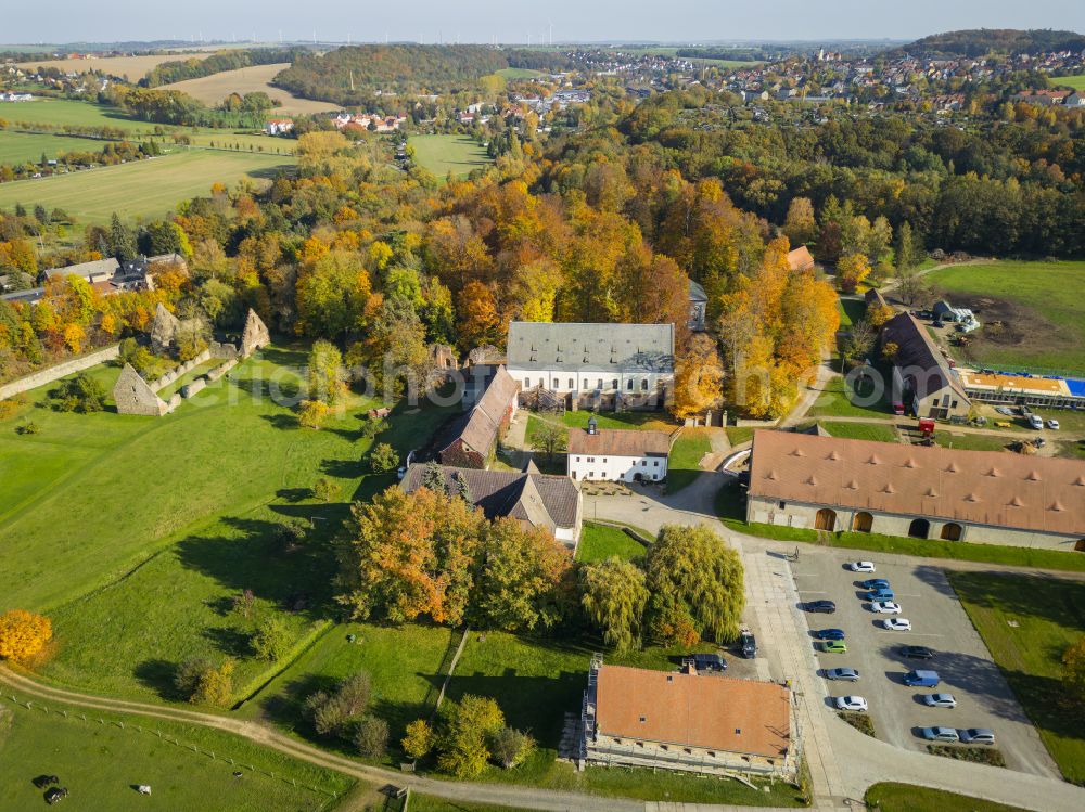 Nossen from the bird's eye view: Autumnal discolored vegetation view park of Klosterpark Altzella on street Zellaer Strasse in Nossen in the state Saxony, Germany