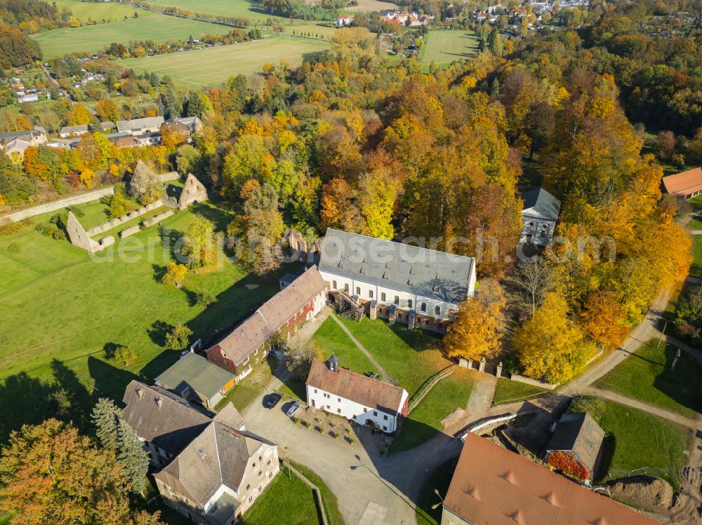 Aerial image Nossen - Autumnal discolored vegetation view park of Klosterpark Altzella on street Zellaer Strasse in Nossen in the state Saxony, Germany