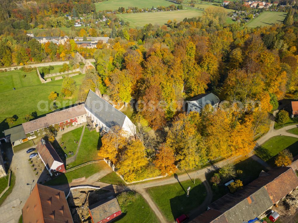 Aerial photograph Nossen - Autumnal discolored vegetation view park of Klosterpark Altzella on street Zellaer Strasse in Nossen in the state Saxony, Germany