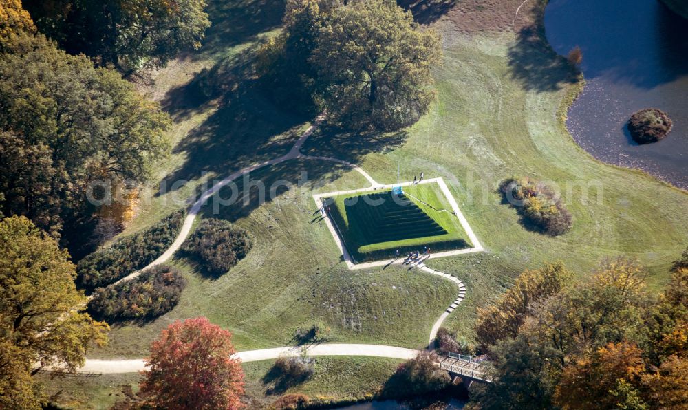 Aerial image Cottbus - Autumnal discolored vegetation view pyramids in the Park of Branitz palace in Cottbus in the state Brandenburg, Germany