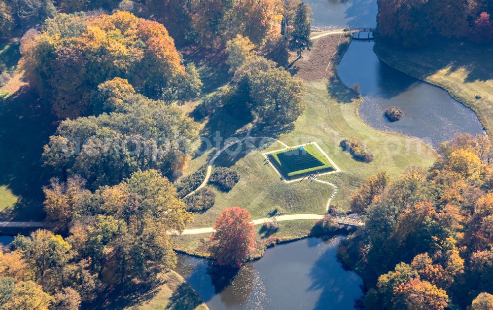 Aerial photograph Cottbus - Autumnal discolored vegetation view pyramids in the Park of Branitz palace in Cottbus in the state Brandenburg, Germany