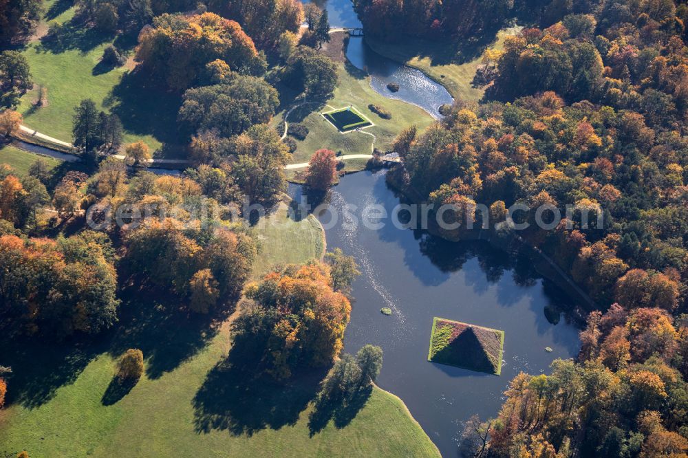 Cottbus from above - Autumnal discolored vegetation view pyramids in the Park of Branitz palace in Cottbus in the state Brandenburg, Germany