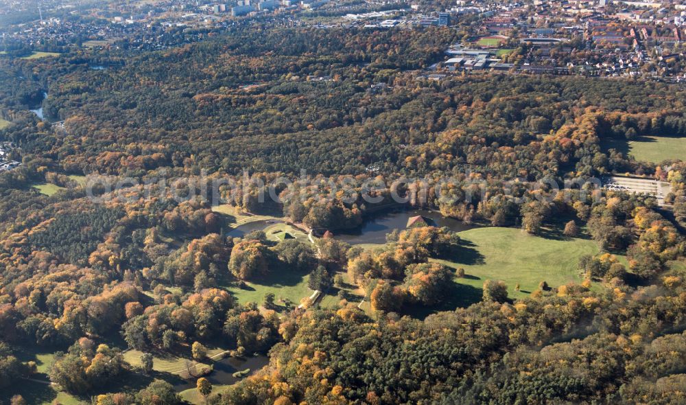 Aerial photograph Cottbus - Autumnal discolored vegetation view pyramids in the Park of Branitz palace in Cottbus in the state Brandenburg, Germany