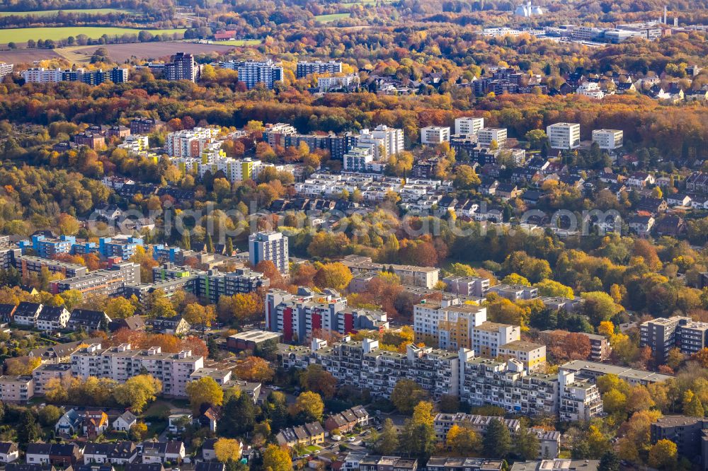 Bochum from above - Autumnal discolored vegetation view skyscrapers in the residential area of industrially manufactured settlement along the Semperstrasse - Gropiusweg in the district Querenburg in Bochum at Ruhrgebiet in the state North Rhine-Westphalia, Germany