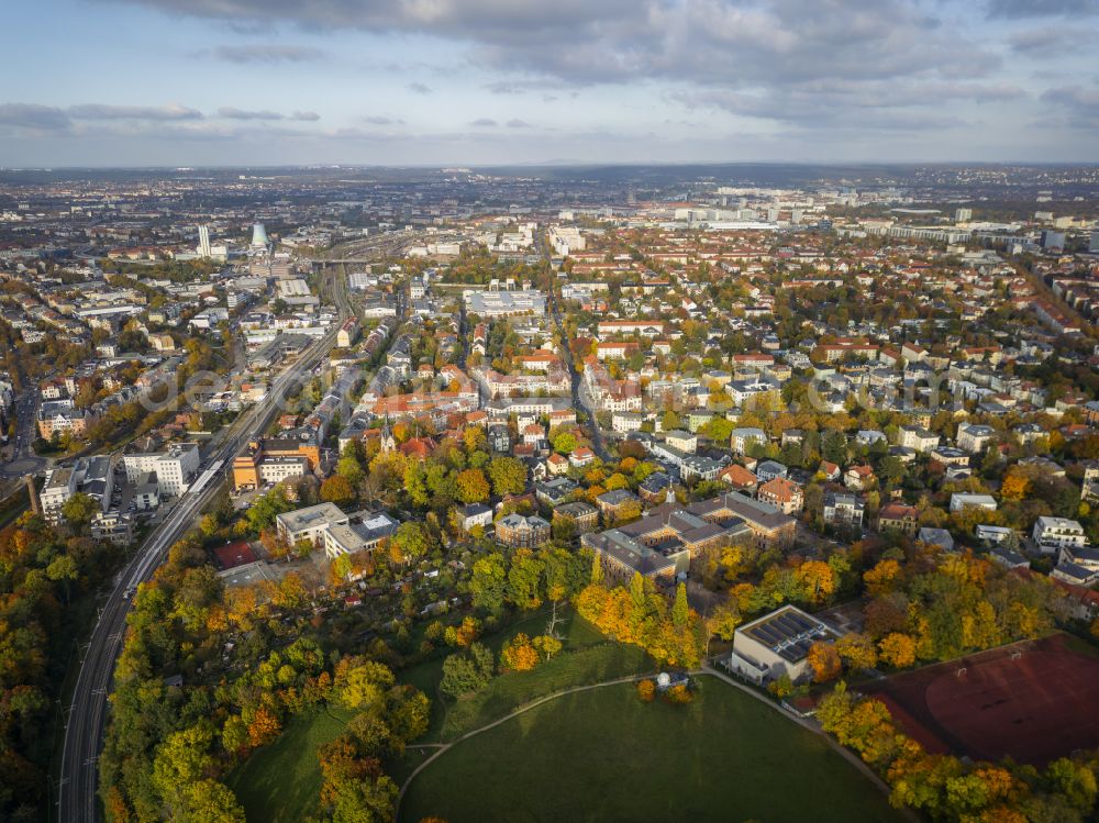 Dresden from the bird's eye view: Autumnal colored vegetation view of Plauen in Dresden in the state of Saxony, Germany