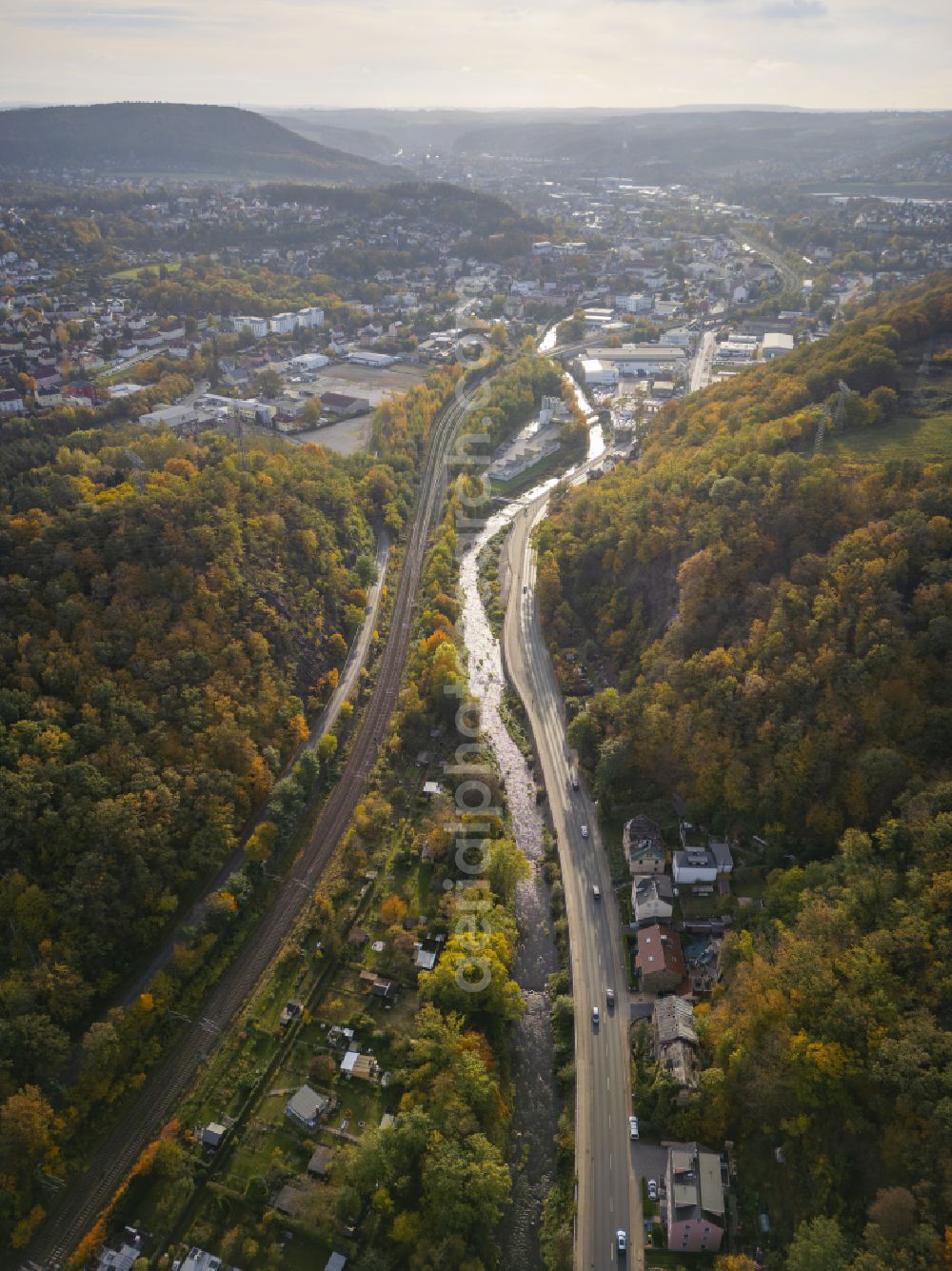 Dresden from the bird's eye view: Autumnal colored vegetation view of Plauenscher Grund, view to Freital in Dresden in the state of Saxony, Germany