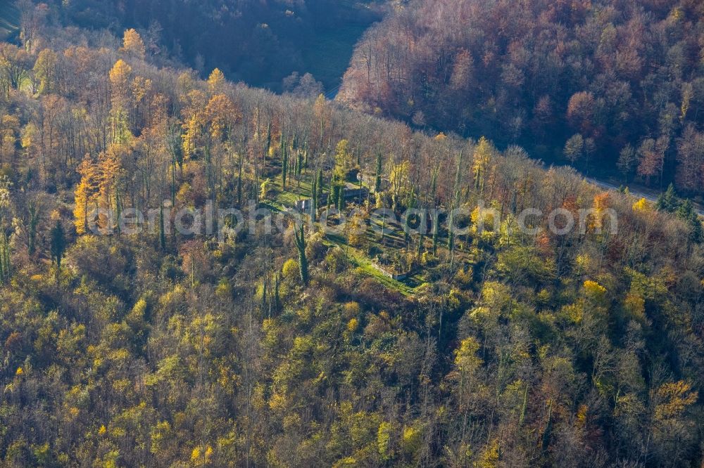 Aerial image Arnsberg - Autumnal discolored vegetation view ruins and vestiges of the former castle Ruedenburg in Arnsberg at Sauerland in the state North Rhine-Westphalia, Germany