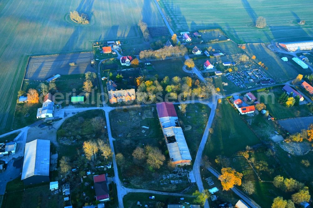 Aerial photograph Feldberger Seenlandschaft - Autumnal discolored vegetation view Ruin of abandoned agricultural function building in Feldberger Seenlandschaft in the state Mecklenburg - Western Pomerania, Germany