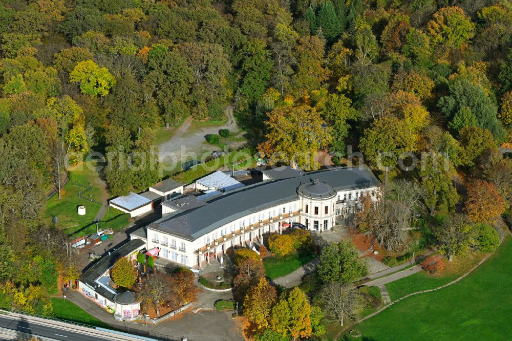 Leipzig from above - Autumnal discolored vegetation view castle Parkschloss Agra in the Agra-Park in the district Doelitz in Leipzig in the state Saxony, Germany