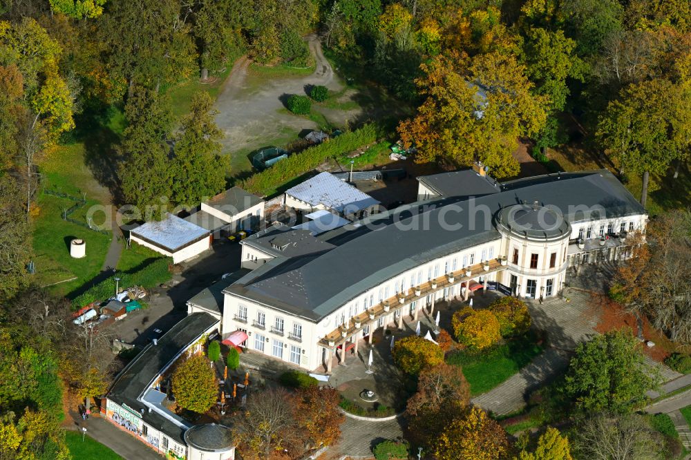 Leipzig from above - Autumnal discolored vegetation view castle Parkschloss Agra in the Agra-Park in the district Doelitz in Leipzig in the state Saxony, Germany