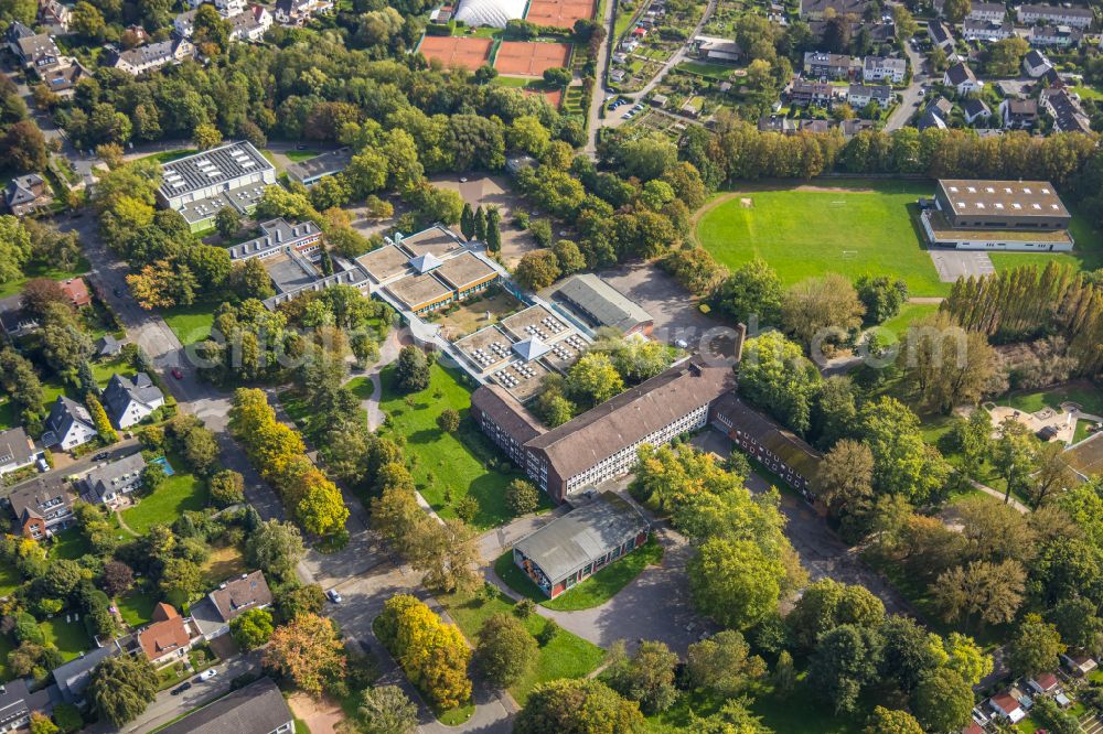 Aerial image Dortmund - Autumnal discolored vegetation view school building of the Gesamtschule Gartenstadt on street Hueckstrasse in the district Gartenstadt-Sued in Dortmund at Ruhrgebiet in the state North Rhine-Westphalia, Germany