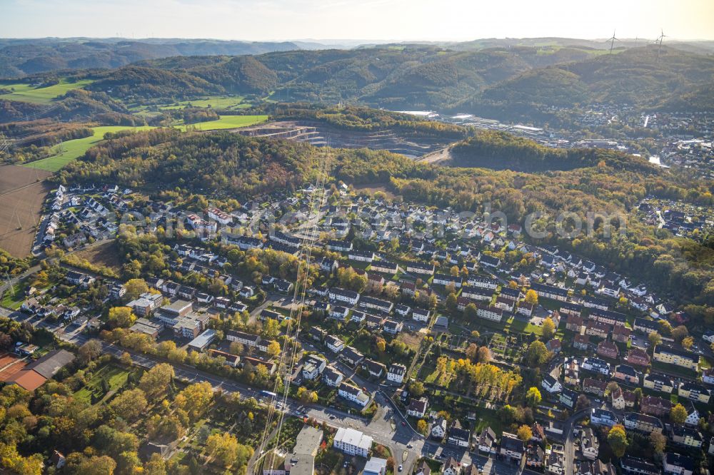 Hohenlimburg from the bird's eye view: Autumn discolored vegetation view City view in the urban area on Heidestrasse in Hohenlimburg in the Ruhr area in the state of North Rhine-Westphalia, Germany