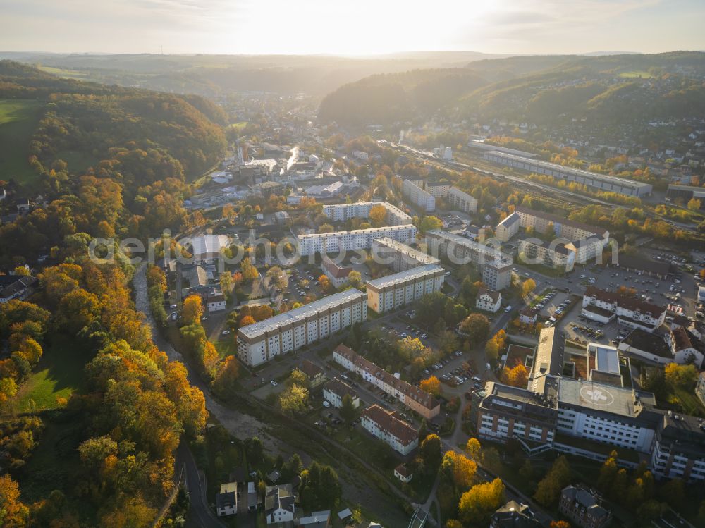 Aerial photograph Freital - Autumnal colored vegetation view city view HELIOS Weisseritztal-Klinik, view of Freital Hainsberg in Freital in the federal state of Saxony, Germany