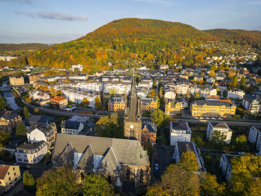 Aerial image Freital - Autumnal colored vegetation view of the city view of Deuben Christuskirche and Windberg in Freital in the state of Saxony, Germany