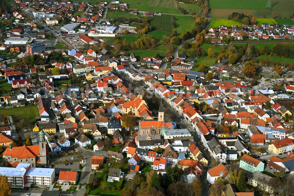 Vohenstrauß from above - Autumnal discolored vegetation view city view on down town in Vohenstrauss in the state Bavaria, Germany