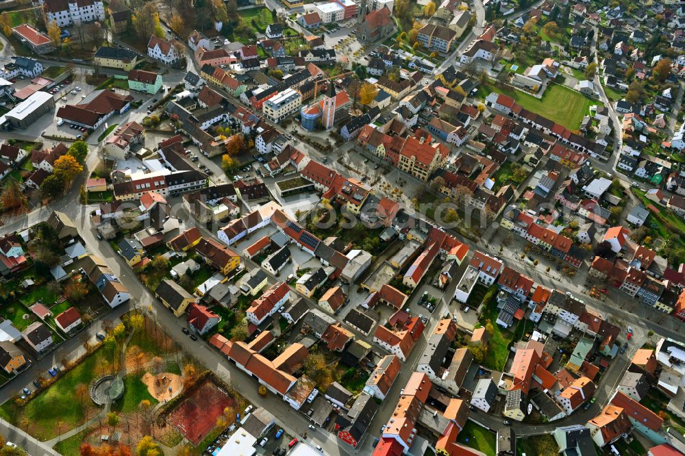 Aerial image Vohenstrauß - Autumnal discolored vegetation view city view on down town in Vohenstrauss in the state Bavaria, Germany