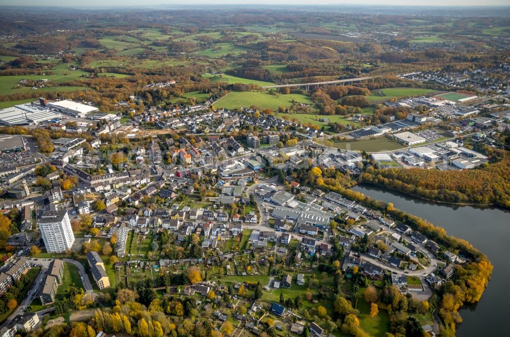 Aerial image Velbert - Autumnal discolored vegetation view City view of downtown area along the Burgstrasse - Nevigeser Strasse in Velbert in the state North Rhine-Westphalia, Germany