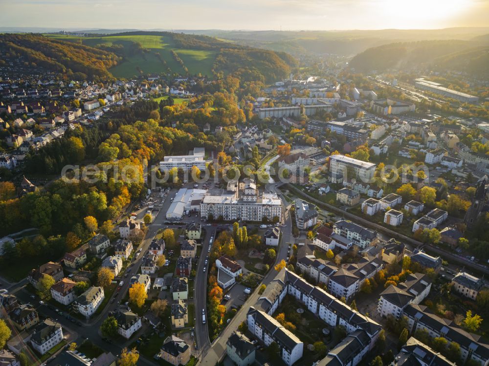 Aerial image Freital - Autumnal discolored vegetation view the city center in the downtown area in Freital in the state Saxony, Germany