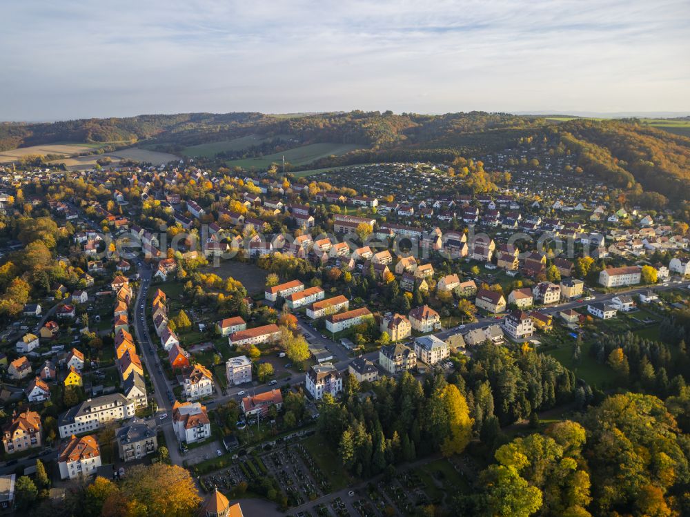 Freital from above - Autumnal discolored vegetation view the city center in the downtown area in Freital in the state Saxony, Germany