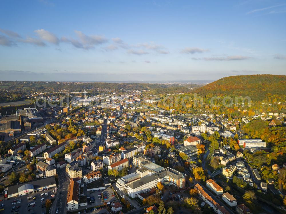 Aerial image Freital - Autumnal discolored vegetation view the city center in the downtown area in Freital in the state Saxony, Germany