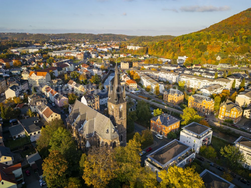 Freital from above - Autumnal discolored vegetation view the city center in the downtown area in Freital in the state Saxony, Germany