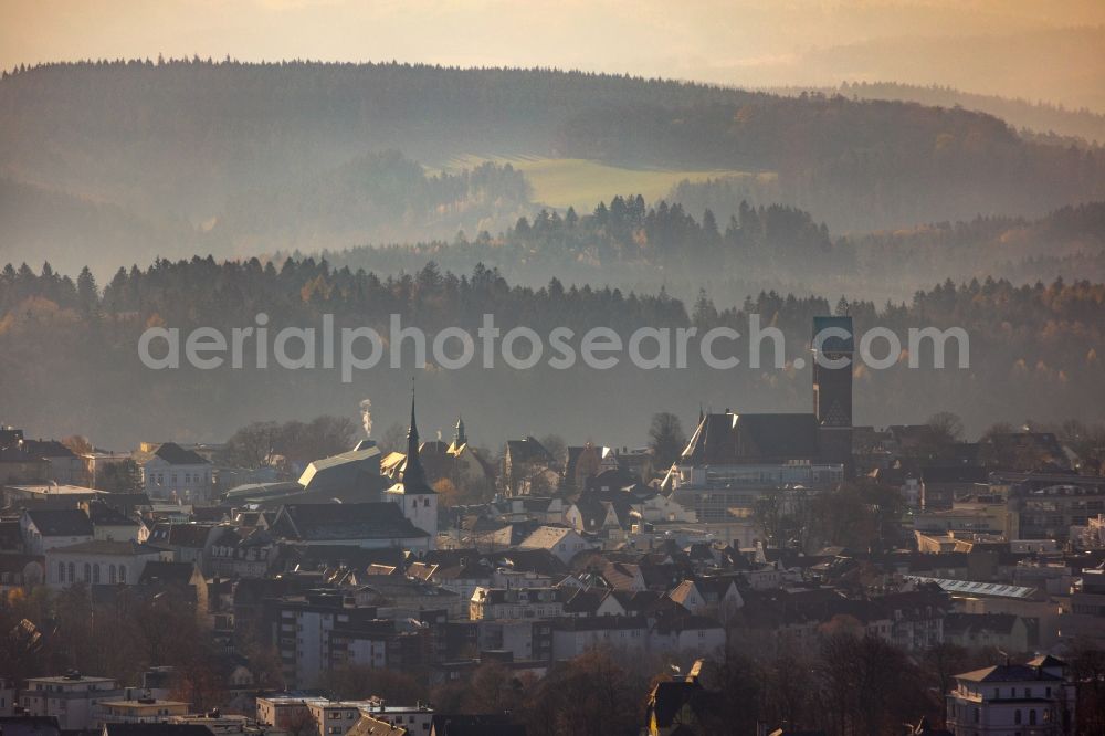 Lüdenscheid from above - Autumnal discolored vegetation view The city center in the downtown area in Luedenscheid in the state North Rhine-Westphalia, Germany