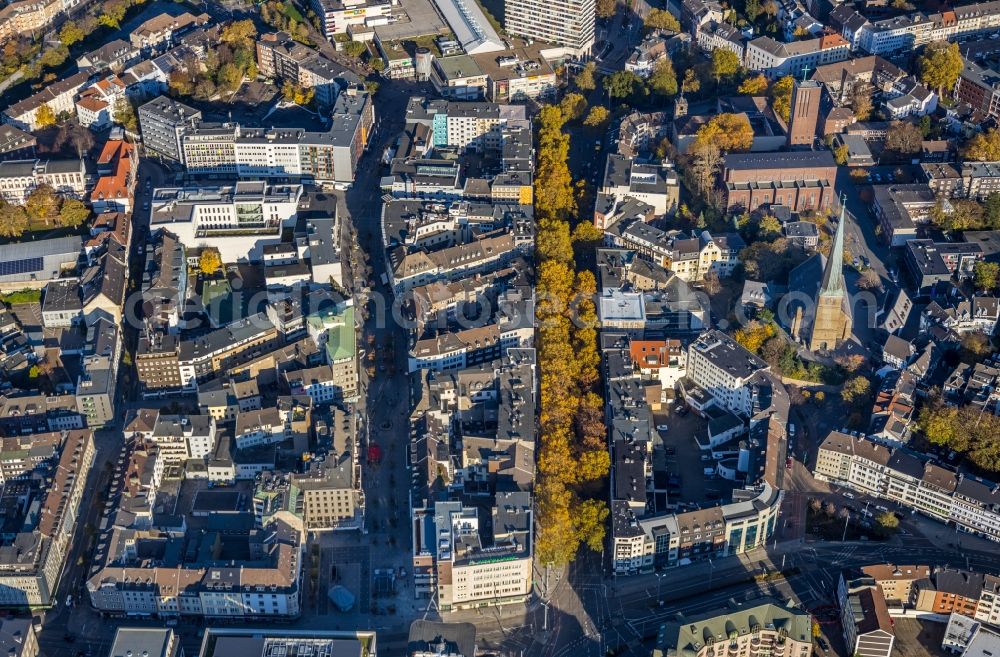 Aerial image Mülheim an der Ruhr - Autumnal discolored vegetation view street guide of famous promenade and shopping street Leineweberstrasse in Muelheim on the Ruhr in the state North Rhine-Westphalia, Germany