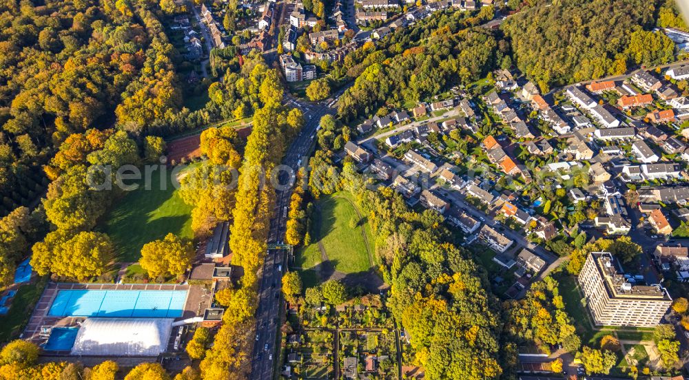 Aerial photograph Gladbeck - Autumnal discolored vegetation view street - road guidance of Essener Strasse next to a meadow at the allotment club KGV Am Stadion e.V. on street Bohmertstrasse in Gladbeck at Ruhrgebiet in the state North Rhine-Westphalia, Germany