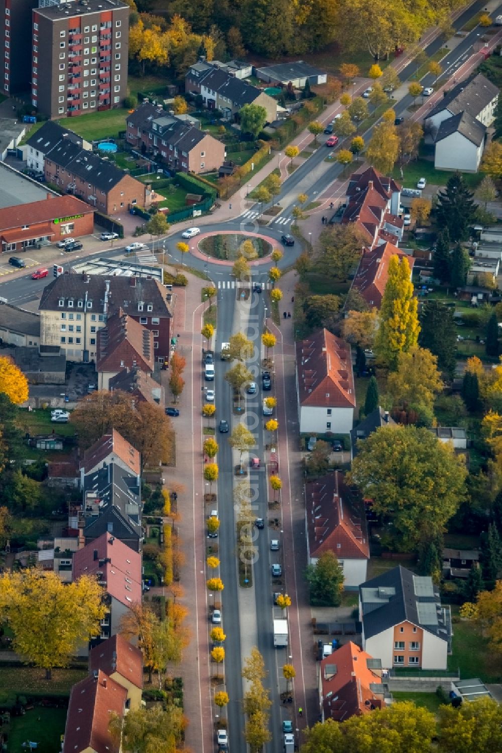 Gladbeck from above - Autumnal discolored vegetation view Street - road guidance of Horster Strasse in Gladbeck in the state North Rhine-Westphalia, Germany