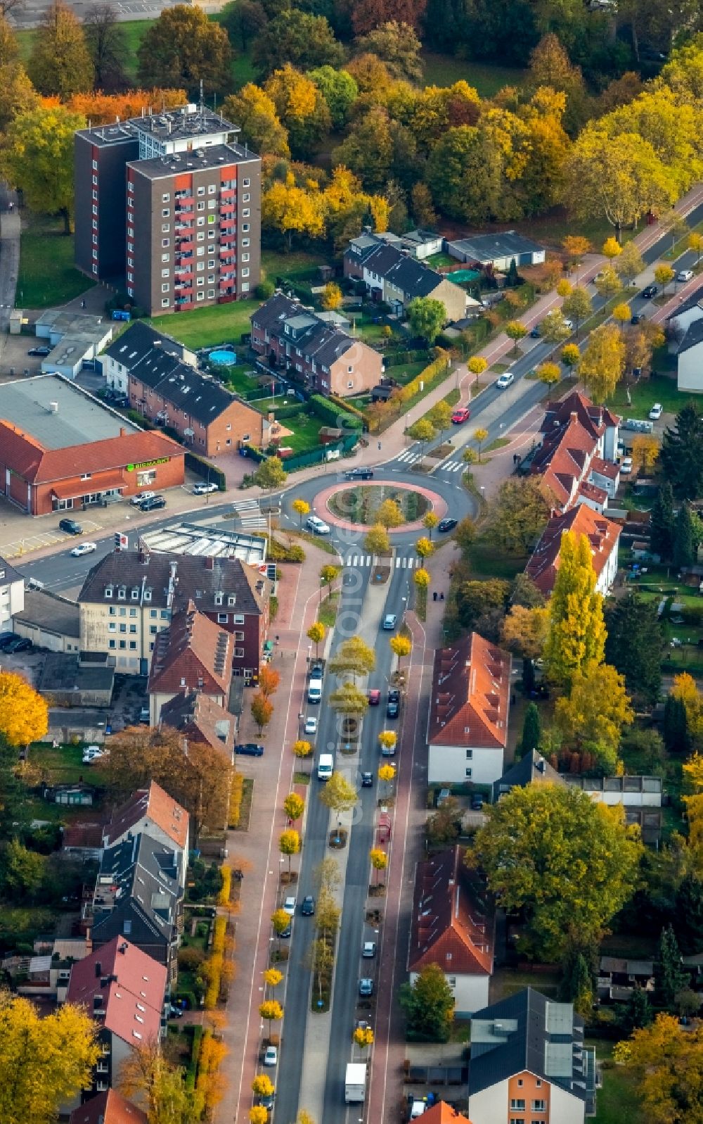 Aerial image Gladbeck - Autumnal discolored vegetation view Street - road guidance of Horster Strasse in Gladbeck in the state North Rhine-Westphalia, Germany