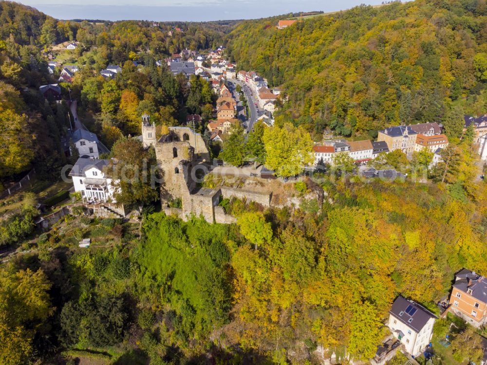 Aerial image Tharandt - Autumnal colored vegetation view with castle ruins and church in Tharandt in the state of Saxony, Germany