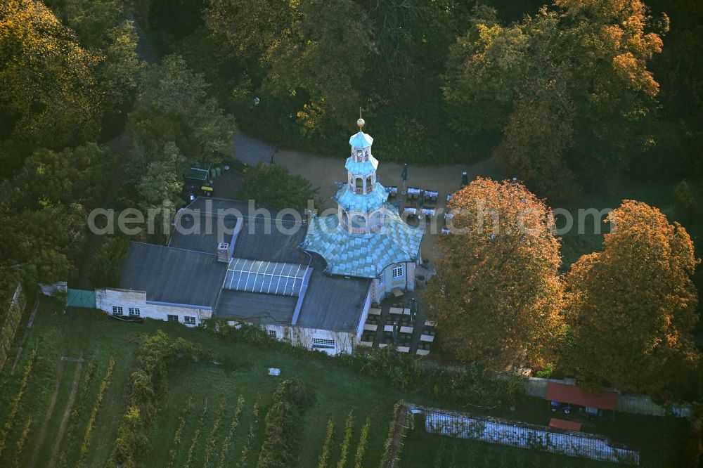 Aerial photograph Potsdam - Autumnal discolored vegetation view tables and benches of open-air restaurants Drachenhaus on street Maulbeeralle in the district Brandenburger Vorstadt in Potsdam in the state Brandenburg, Germany