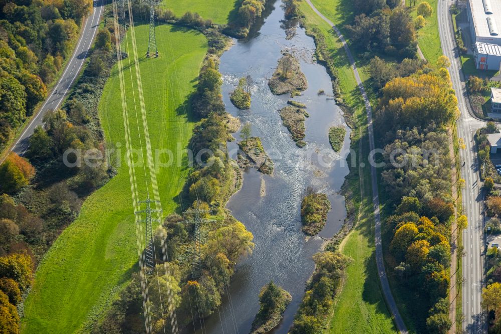 Aerial image Hagen - Autumnal discolored vegetation view riparian zones on the course of the river of Lenne in Hagen at Ruhrgebiet in the state North Rhine-Westphalia, Germany