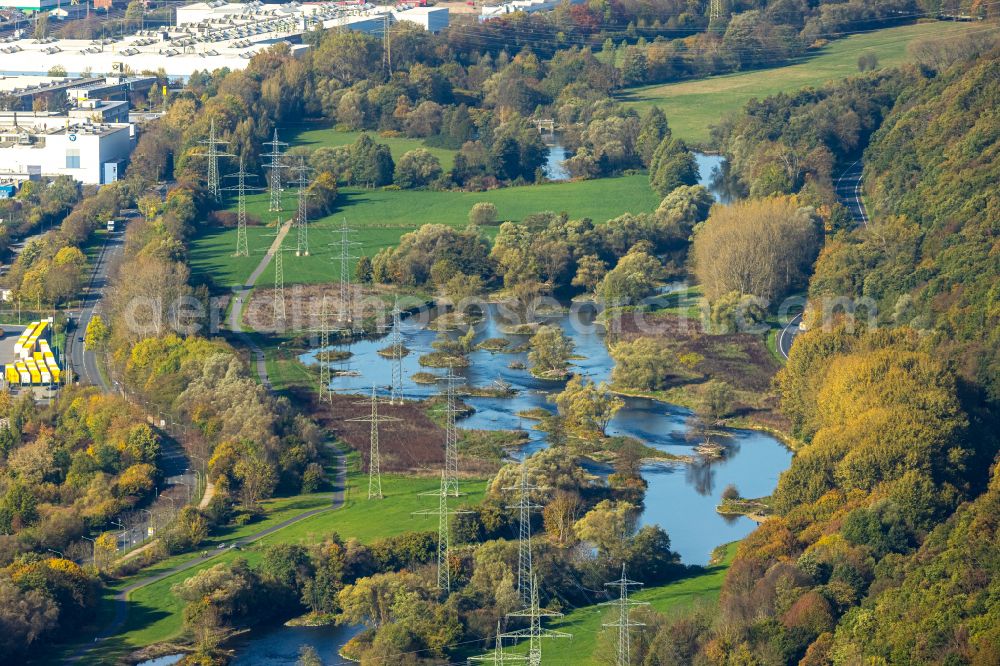 Hagen from above - Autumnal discolored vegetation view riparian zones on the course of the river of Lenne in Hagen at Ruhrgebiet in the state North Rhine-Westphalia, Germany