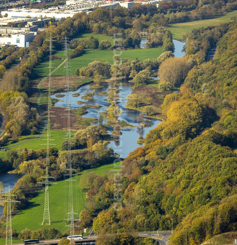 Aerial image Hagen - Autumnal discolored vegetation view riparian zones on the course of the river of Lenne in Hagen at Ruhrgebiet in the state North Rhine-Westphalia, Germany