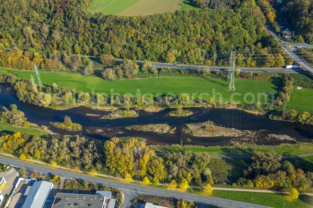 Hagen from the bird's eye view: Autumnal discolored vegetation view riparian zones on the course of the river of Lenne in Hagen at Ruhrgebiet in the state North Rhine-Westphalia, Germany