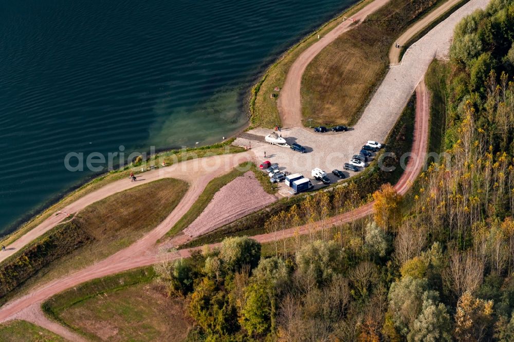 Schwanau from above - Autumnal discolored vegetation view riparian zones on the course of the river of Rhein on Rheindamm in Schwanau in the state Baden-Wuerttemberg, Germany