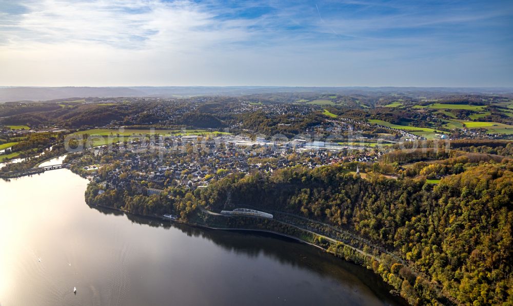 Aerial image Wetter - Autumnal discolored vegetation view riparian areas on the lake area of Harkortsee in Wetter at Ruhrgebiet in the state North Rhine-Westphalia, Germany