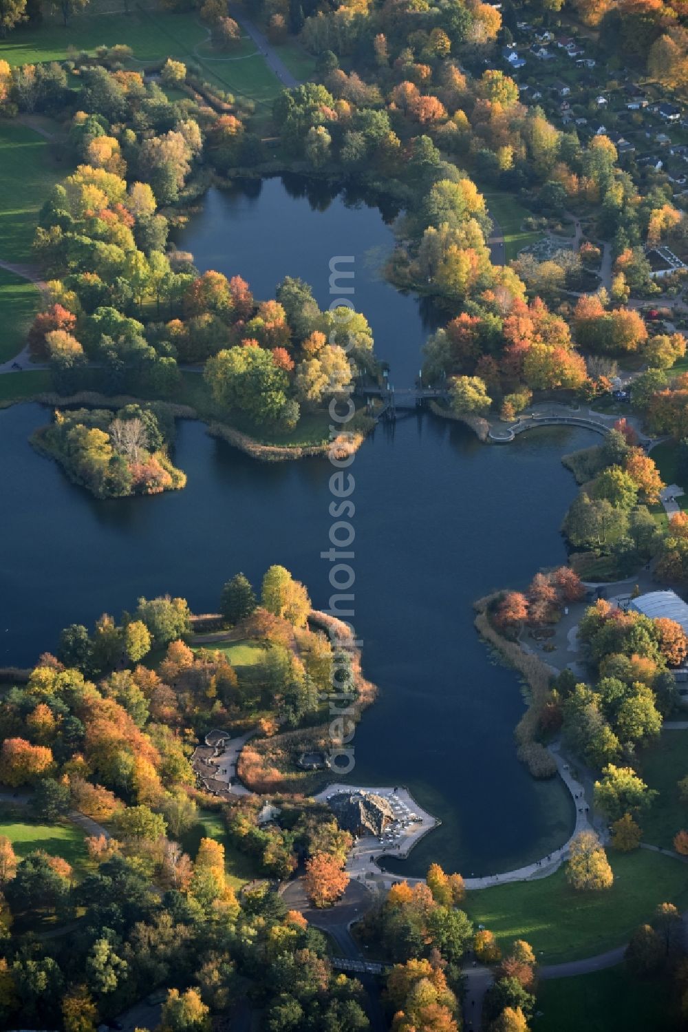 Berlin from the bird's eye view: Autumnal discolored vegetation view riparian areas on the lake area of Hauptsee in the recreation park Britz Garden in Berlin, Germany