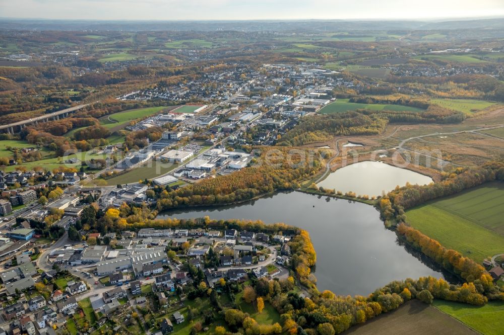 Aerial photograph Velbert - Autumnal discolored vegetation view Riparian areas on the lake area of in Velbert in the state North Rhine-Westphalia, Germany