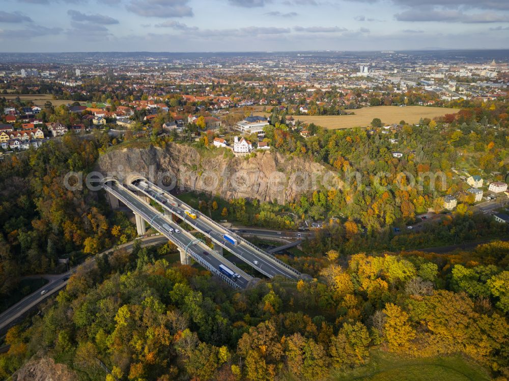 Dresden from above - Autumnal discolored vegetation view routing and lanes in the course of the motorway bridge structure of the BAB A 17 Weisseritztalbruecke on street Weisseritztalbruecke in the district Coschuetz in Dresden in the state Saxony, Germany