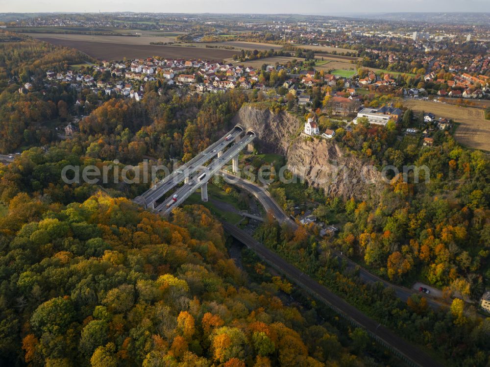 Dresden from the bird's eye view: Autumnal discolored vegetation view routing and lanes in the course of the motorway bridge structure of the BAB A 17 Weisseritztalbruecke on street Weisseritztalbruecke in the district Coschuetz in Dresden in the state Saxony, Germany