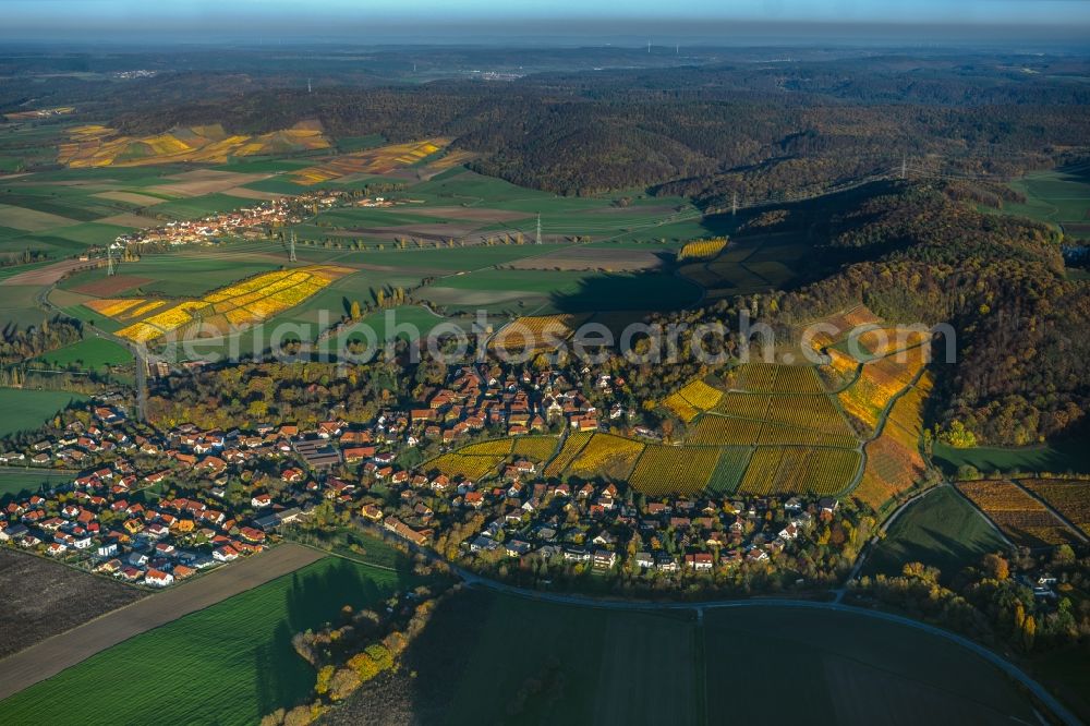 Aerial image Castell - Autumnal discolored vegetation view fields of wine cultivation landscape in Castell in the state Bavaria, Germany