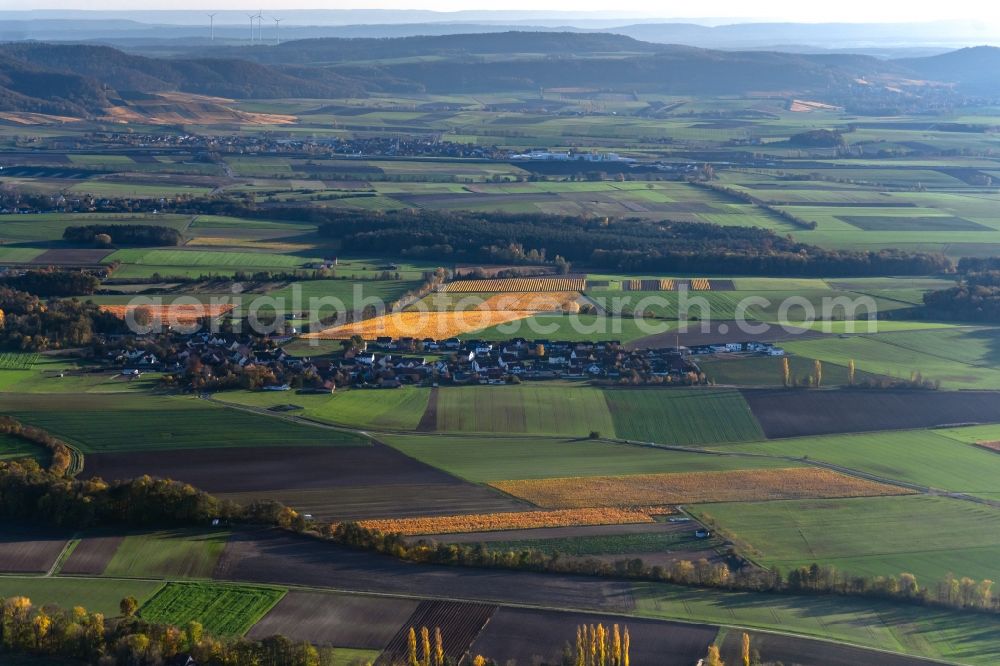 Geesdorf from the bird's eye view: Autumnal discolored vegetation view fields of wine cultivation landscape in Geesdorf in the state Bavaria, Germany