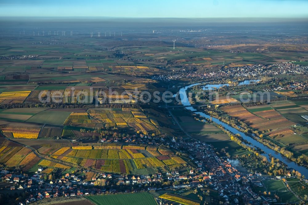 Aerial image Mainstockheim - Autumnal discolored vegetation view fields of wine cultivation landscape in Mainstockheim in the state Bavaria, Germany